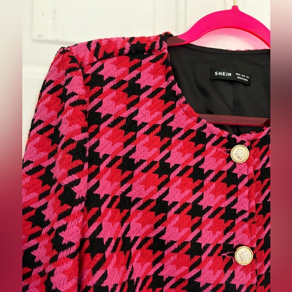 SHEIN Pink Black Houndstooth Blazer Lady Jacket Size S/M - Picture 9 of 16